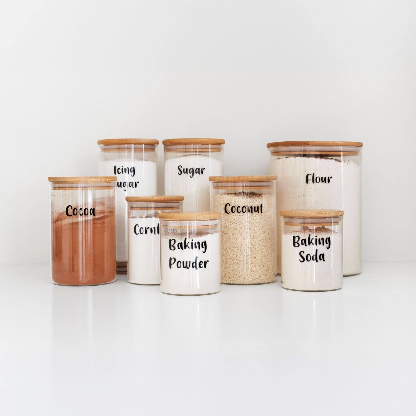 The Baking Essentials Set - 8 Piece Round Bamboo Glass Jar Set