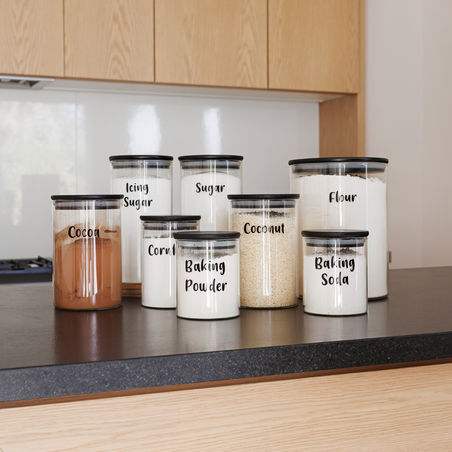 The Baking Essentials Set - 8 Piece Round Bamboo Glass Jar Set