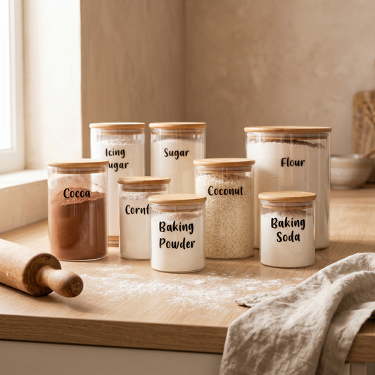 The Baking Essentials Set - 8 Piece Round Bamboo Glass Jar Set