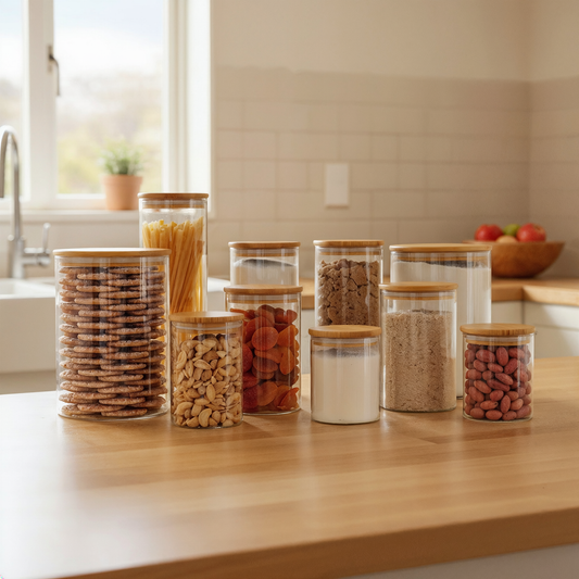The Daily Essentials Jar Set: 10 Piece Round Bamboo Glass Jar Set