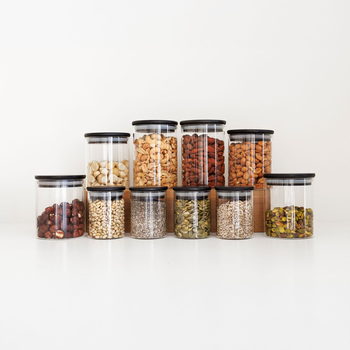 Nuts and Seeds Set: 10 Piece Small Bamboo Glass Jars Set