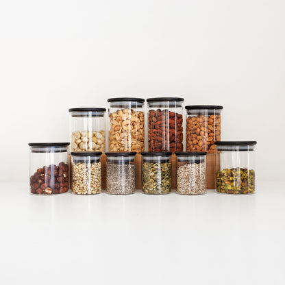 Nuts and Seeds Set: 10 Piece Small Bamboo Glass Jars Set