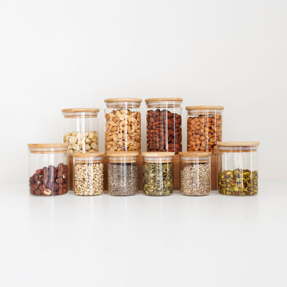 Nuts and Seeds Set: 10 Piece Small Bamboo Glass Jars Set