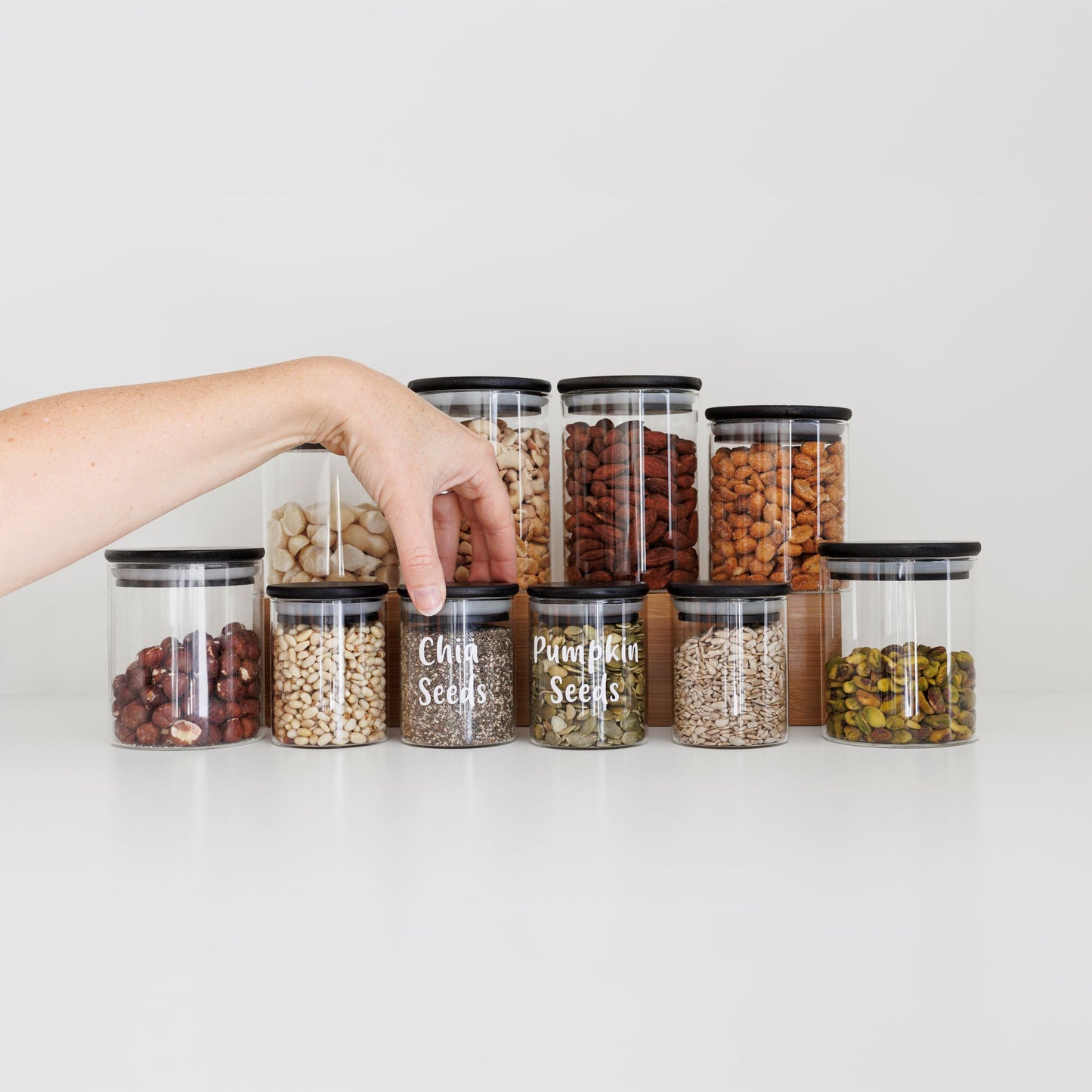 Nuts and Seeds Set: 10 Piece Small Bamboo Glass Jars Set
